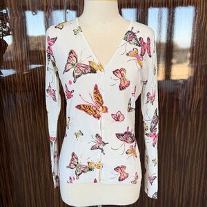 Gerard Darel White and Pink Butterfly Print Button Down Shirt